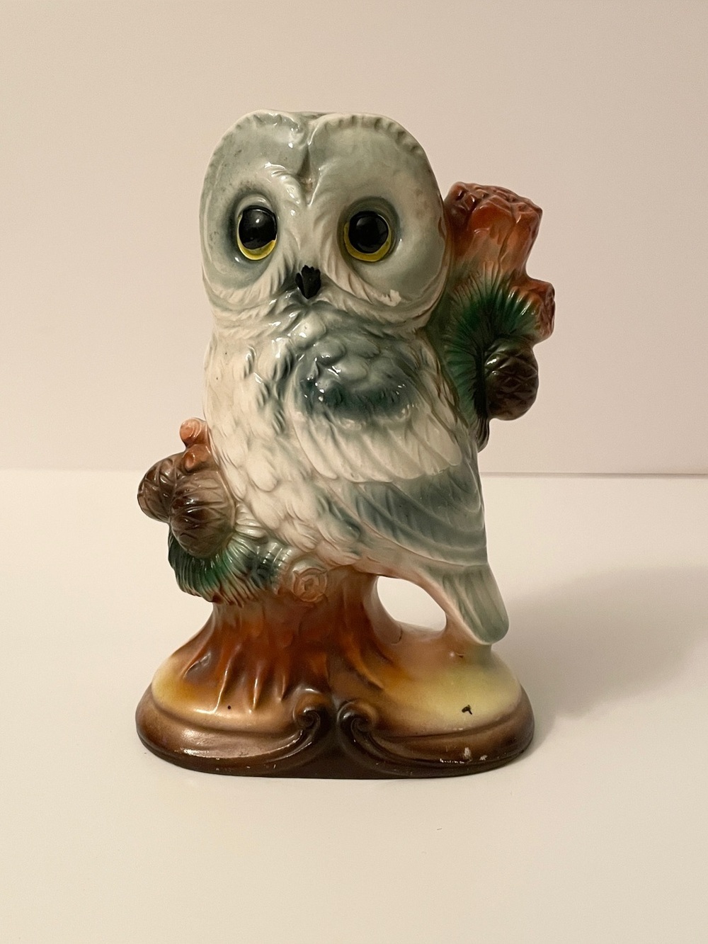 Vintage Ceramic Owl Figurine on Pinecone Branch Woodland Decor